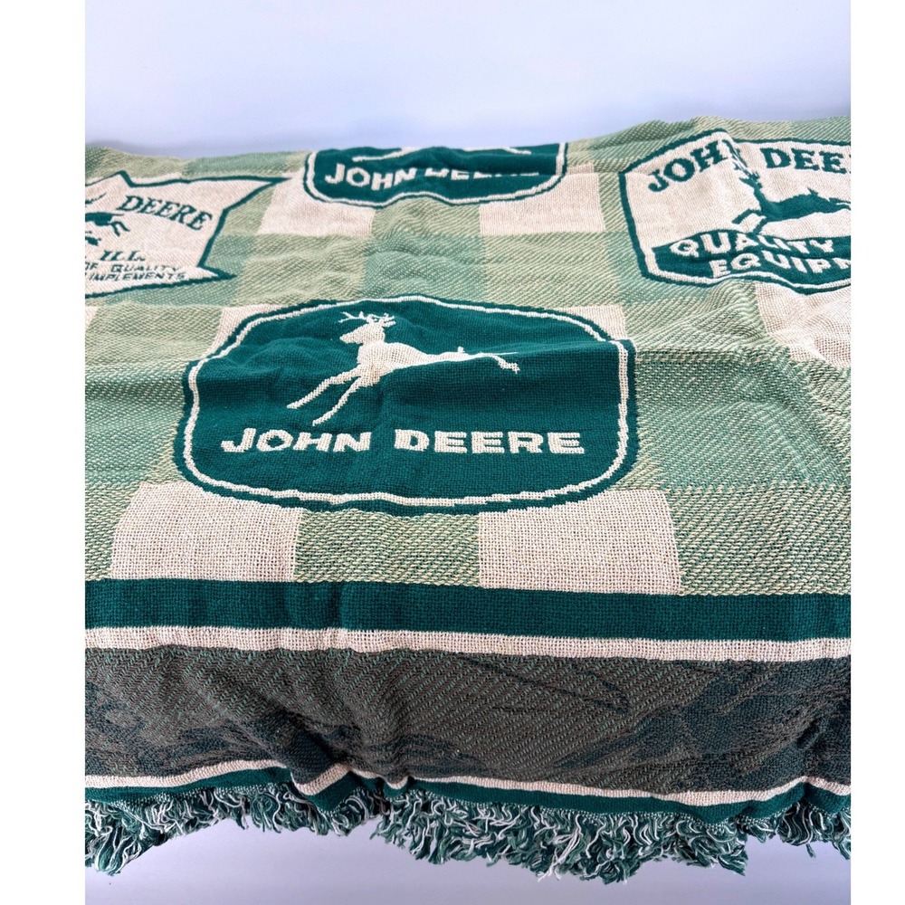 John Deere Triple Woven Tapestry Blanket Logo Series Green Tan 46x67  USA New